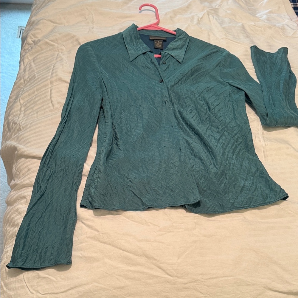 Teal Long Sleeve Women's Blouse, silk blend